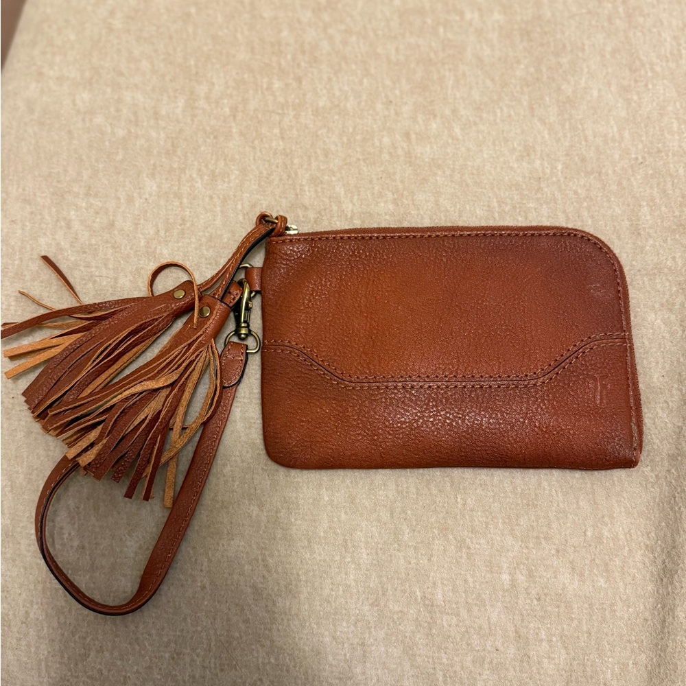 Frye Brown Leather Clutch with Tassel and Wrist Strap